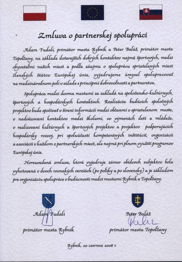 Partnerská zmluva s mestom Rybnik Partnerská zmluva s mestom Rybnik