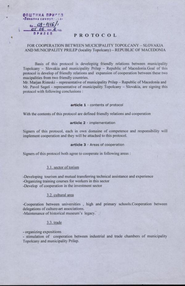 Partnerská zmluva s mestom Prilep (1. strana) Partnerská zmluva s mestom Prilep (1. strana)