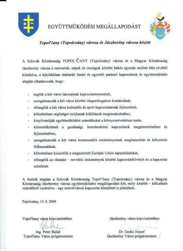 Partnerská zmluva s mestom Jászberény (2. strana) Partnerská zmluva s mestom Jászberény (2. strana)