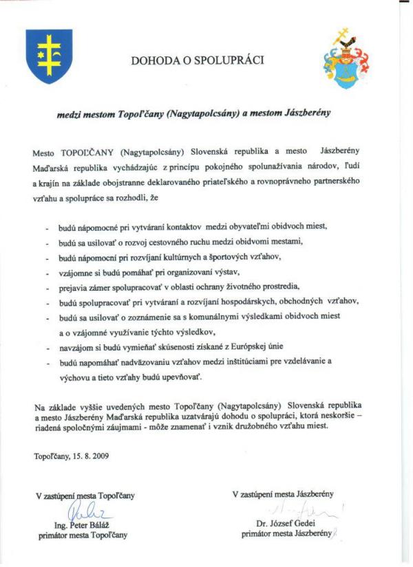 Partnerská zmluva s mestom Jászberény (1. strana) Partnerská zmluva s mestom Jászberény (1. strana)