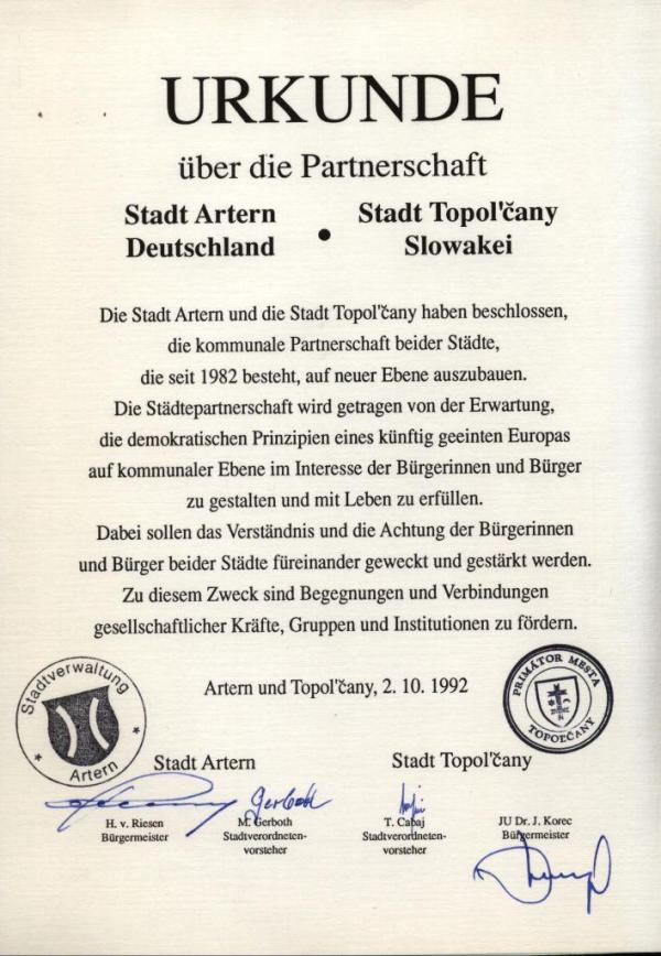 Partnerská zmluva s mestom Artern Partnerská zmluva s mestom Artern